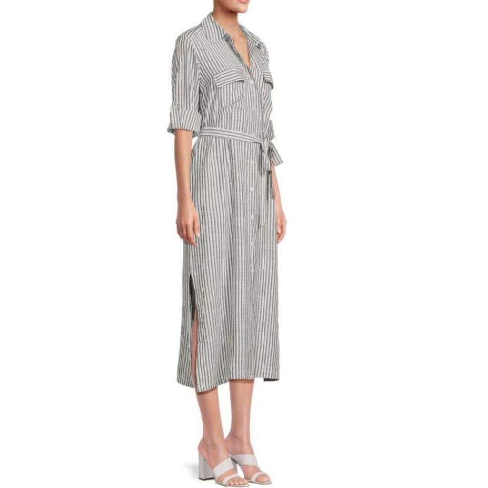 NWT Gray & White Striped Sz Small Belted Button Up Midi Shirt Dress MAX STUDIO - Picture 2 of 8